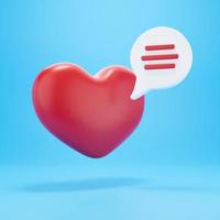 corazón 3d con burbuja de chat. 3d renderizar notificación de redes sociales amor como icono de corazón con forma de mensaje de conversación foto