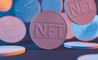 close-up of messy NFT coins with neon lighting photo
