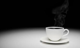 Black coffee or espresso in a white coffee mug with a saucer. There is smoke or steam rising. hot coffee on white table as it reflects and black background. 3D rendering photo
