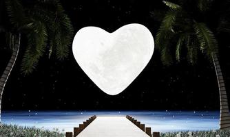 Full moon night, many stars fill the sky. A wooden bridge extends down to the sea or the pier, with coconut trees along the way. Romantic scene by the sea on a full moon wooden bridge. 3D rendering. photo
