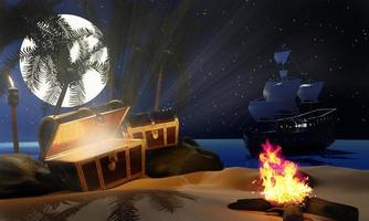 el cofre del tesoro se abrió, la luz brilló, rayo de dios. cofre del tesoro del pirata en una playa de arena, isla desierta, barcos piratas flotando en el mar. noche de luna llena. representación 3d foto