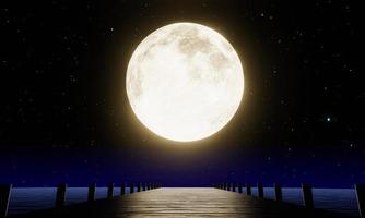 The golden full moon at night was full of stars and a faint mist. A wooden bridge extended into the sea. Fantasy image at night, super moon, sea water wave. 3D Rendering photo