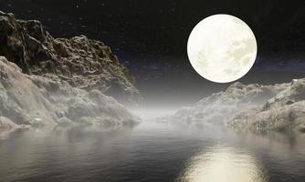 rocky mountain scenery and the sea or the night river. full moon yellow gold Reflection on the water surface. There is a faint mist on the water. Clear sky, many stars at night. 3D rendering photo