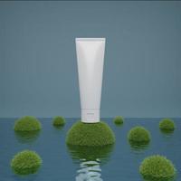 Cosmetic product tube on grass ball and water 3D render illustration photo