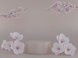 Cylindrical podium with cherry blossom flowers 3D render illustration photo
