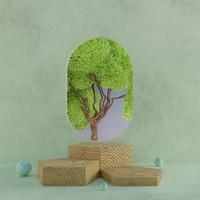 Minimal wood hexagonal stages with tree background 3D render illustration photo