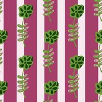 Cartoon seamless botanic pattern with green flowers contoured ornament. Pink striped background. vector