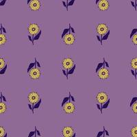 Vintage seamless doodle pattern with yellow sunflower shapes. Purple background. Spring floral print. vector