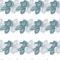 Decorative seamless pattern with navy blue outline orchid flowers elements. White background. Simple style. vector