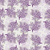 Purple random forest tree elements seamless pattern with shadows. Light blue background. Floral elements. vector