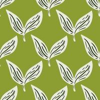 White hand drawn leaves elements seamless pattern. Light green background. Plants foliage backdrop. vector