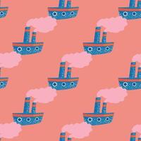 Cartoon kid with blue steamer ship ornament. Pink background. Travel marine backdrop. vector