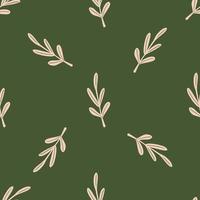 Seamless pattern in minimalistic style with outline leaves twig print. Olive gren background. vector