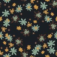 Seamless random pattern with blue and orange colored flowers shapes. Dark background. vector