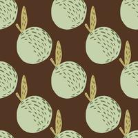 Autumn palette seamless harvest pattern with ripe apples. Pastel light fruit silhouettes on brown background. vector