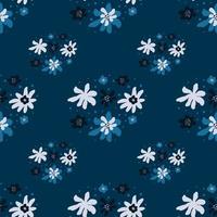 White and blue vintage doodle flowers seamless pattern in hand drawn style. Navy blue background. vector