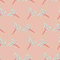 Seamless geometric pattern with doodle leaf branches ornament. Pink background. Hand drawn print. vector