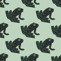 Black contoured frog silhouettes seamless pattern in doodle kids style. Light pastel blue background. vector