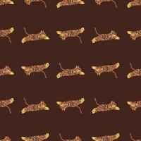 Kids style seamless pattern with zoo tiger orange print. Brown background. Repeat animal backdrop. vector