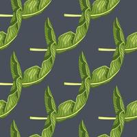 Abstract diagonal tropic palm green leaves print seamless pattern. Grey dark background. vector