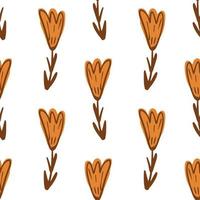 Isolated seamless doodle pattern with botanic orange flower elements. White background. vector