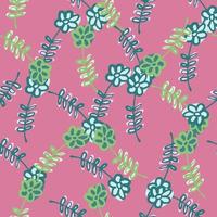 Seamless random pattern with green contoured flowers silhouettes. Pink background. vector