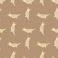 Geometric seamless pattern with beige parrot ornament. Light brown background. Pale palette. vector