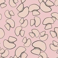 Hand drawn seamless pattern with outline champignon print. Pink colored autumn harvest print. vector