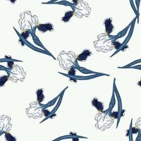 Isolated seamless pattern with random blue iris flowers shapes. White background. Abstract print. vector