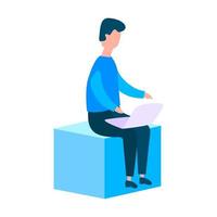 Office worker and laptop sitting on cube. Flat style vector