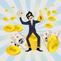 Vector graphic illustration of businessman cartoon character holding money bag and surrounded by gold and money. Suitable for making money content.