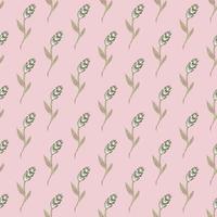 Decorative seamless nature pattern with simple little ear of wheat elements. Pastel pink background. vector