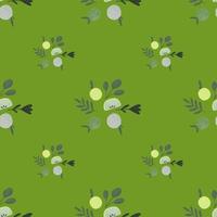 Seamless food minimalistic pattern with apple fruit print and leaves silhouettes. Green background. vector