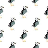 Seamless isolated doodle pattern with kids style puffin bird ornament. White background. Simple design. vector