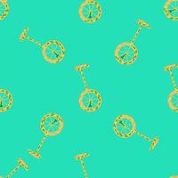 Bright seamless patterm with random yellow colored bicycle print. Turquoise background. Funny backdrop. vector