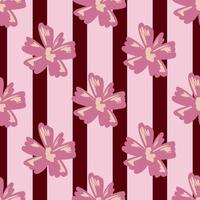 Abstract botanic seamless pattern with hand drawn pink colored flowers elements. Maroon striped background. vector