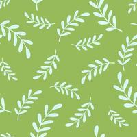 Floral seamless pattern with light blue random leaves branches elements print. Green background. vector