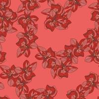Random seamless orchid flowers red print in outline style. Pink background. Bloom creative backdrop. vector