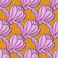 Pink outline big mognolia flowers seamless pattern. Orange bright background. Bright bloom print. vector