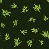 Seamless pattern bunch arugula salad on dark green background. Modern ornament with lettuce. vector