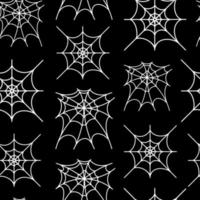 White spider web on black background seamless vector pattern. Hand-drawn sketch of a spider trap. Line art. Halloween backdrop. Festive decor, monochrome. Design for wrapping paper, decoration.