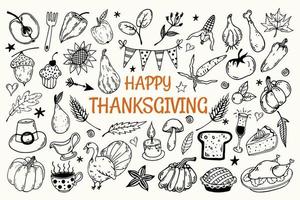 Thanksgiving day set. Collection of vector icons isolated on white background. Hand-drawn doodles. Festive elements outline. Turkey, vegetables, fruits. Autumn harvest. Traditional food sketch.