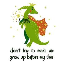 Cute cartoon dinosaur vector illustration. A reptile in a cloak and crown holds a magic wand. The baby dino is standing with its eyes closed. Hand-drawn doodle. Flat children's print