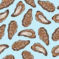 Oysters seamless vector pattern. Open and closed shells of an edible clam on a light background. Colored sketch of food. A seafood delicacy. Hand-drawn ink illustration. Bivalve mollusc.