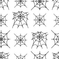 Black spider web on white background seamless vector pattern. Hand-drawn gossamer outline. Halloween backdrop. A sketch of a spider trap. Line art. Festive decoration, monochrome.