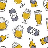 Beer in different packages seamless vector pattern. Alcohol in a bottle, glass, mug, aluminum can. Foamy drink on a white background. Flat cartoon style. Illustration for design and packaging.