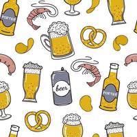 Beer with snacks seamless vector pattern. Foamy alcohol in a bottle, mug, glass, can. Delicious appetizer shrimp, chips, sausages, pretzel on a white plate. Hand-drawn color doodle.