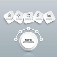 Modern infographic template with 3D paper label, integrated circles. Business concept with 5 options. For content, diagram, flowchart, steps, parts, timeline infographics, workflow layout, chart vector