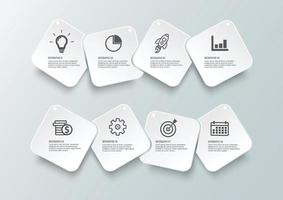 Vector infographic template with 3D paper label, integrated circles. Business concept with 8 options. For content, diagram, flowchart, steps, parts, timeline infographics, workflow, chart.