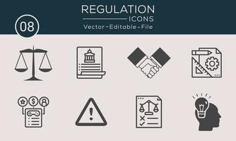 conjunto de iconos de concepto simple de regulación. contiene tales íconos de cumplimiento, pauta, regla, ley y más, se pueden usar para web y aplicaciones. vector